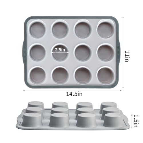 Aichoof 12 Cup Silicone Muffin Pan, Non-Stick Baking Mold w/Steel Frame - size: 12 Cup Muffin Pan(Grey, 1-PCS)