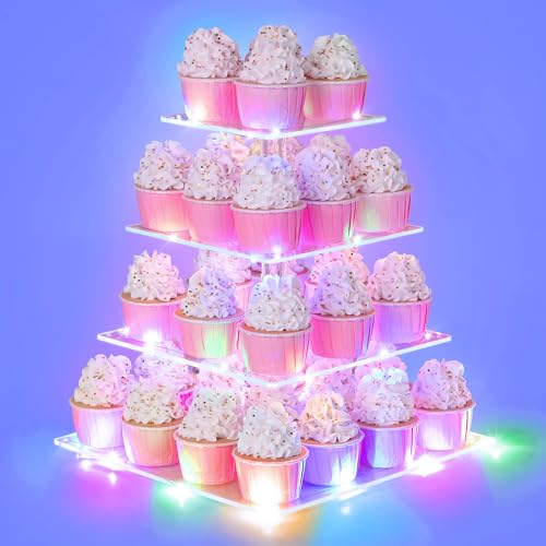 4 Tier Cupcake Stand with LED String Light, Acrylic Cupcake Display Stand - color: Colorful