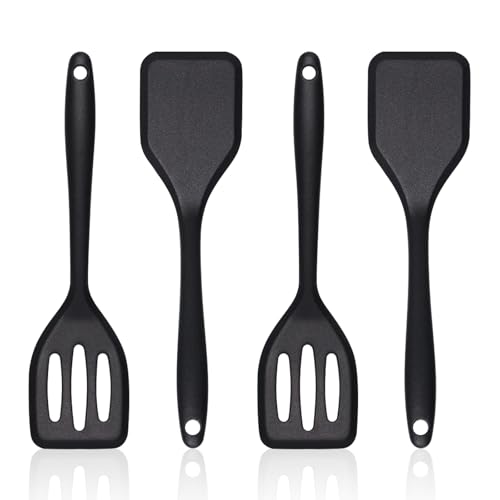 Small Silicone Serving Spatula Set of 4 for Egg, Steak, Pancake - color: Black