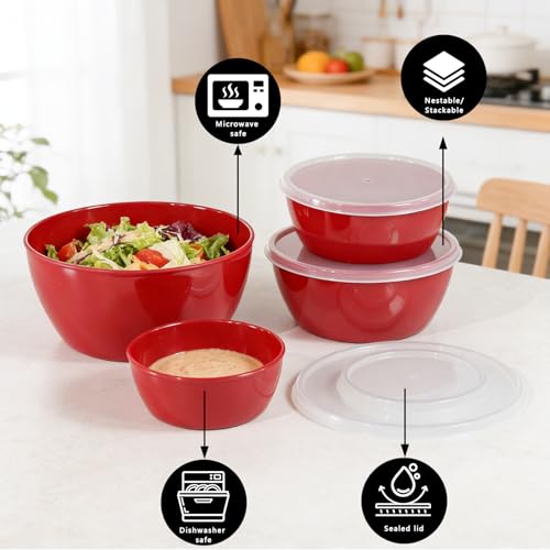 4-Piece Classic Plastic Bowls with Lids – 8/16/24/32oz - color: Red