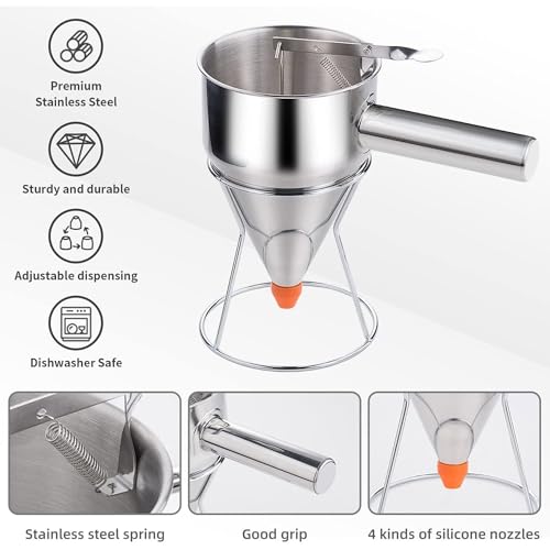Pancake Batter Dispenser 20OZ/40 OZ | Stainless Steel Funnel Cake Dispenser with Stand | Leak-Proof Nozzle & Squeeze Handle | Precise Control, for Pancakes, Waffles, Cupcakes & Baked Goods (20OZ)