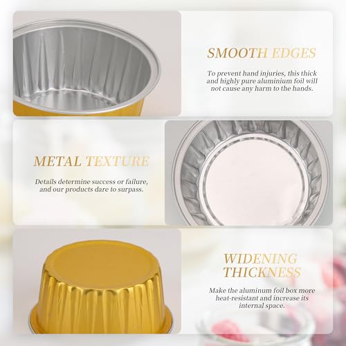 100-Pack 5 oz Gold Mini Cake Pans with Lids, Disposable Aluminum Foil Baking Cups, Muffin Tins, Ramekins for Cupcakes, Brownies, Flan, Pudding - for Wedding, Anniversary, Birthday Parties - color: Gold