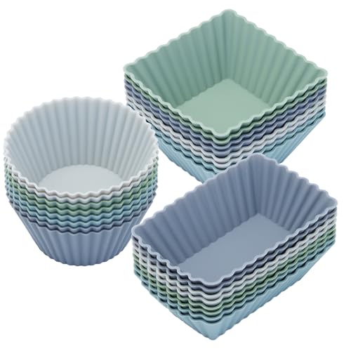 24Pack Silicone Muffin Cups, Reusable Cupcake Liners Molds for Baking, 3 Shapes Lunch Box Bento Dividers-Round, Square, and Rectangular (Grey Series, Regular Size) - color: Grey Series, size: Regular Size