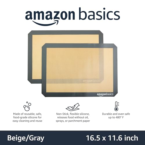 Amazon Basics Silicone Rectangular Baking Mat, Non-Stick, Reusable, Dishwasher Safe, Food Safe, Heat Resistant, 16.5" x 11.6", Beige/Gray, 2-Pack - size: 2-Pack, style: Baking Mat