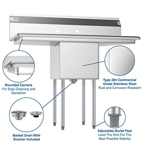 KoolMore 1 Compartment Stainless Steel NSF Commercial Kitchen Prep & Utility Sink with 2 Drainboards - Bowl Size 15" x 15" x 12", Silver - size: 2 Drainboards