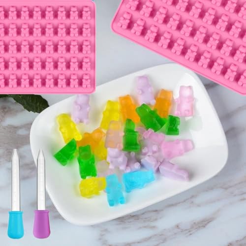 2 Piece Gummy Bear Silicone Molds, Non-Stick Chocolate Candy Mold with 2 Droppers Food Grade (Purple+Blue+Pink+Green) - color: Purple+Blue+Pink+Green