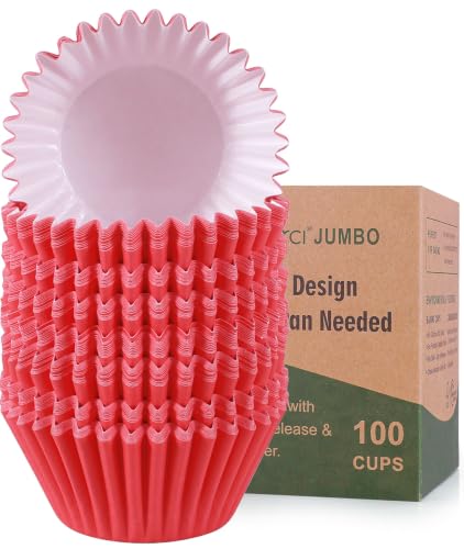 Caperci Heavy Duty Jumbo Cupcake Muffin Liners for Baking - Extra Large 100pcs Grease-Resistant Red Paper Baking Cups, No Muffin Pan Needed, Odorless, Easily Peels (Red) - color: Red