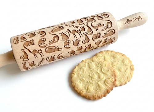 MEOW CATS EMBOSSING ROLLING PIN WOODEN HANDMADE ROLLING PIN with CATS GIFT FOR CAT LOVERS