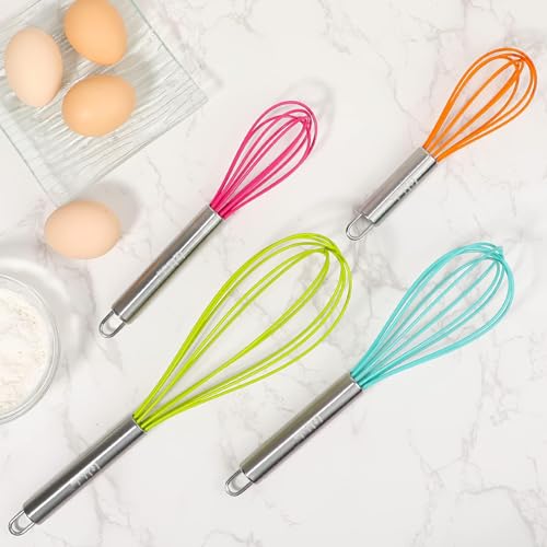 Webake Silicone Whisk Large Medium Small and Mini Whisk Set of 4, Heat Resistant Non-scratch Coated Kitchen Whisks for Cooking Nonstick Cookware, 4 Color Balloon Egg Wisk - size: Whisks