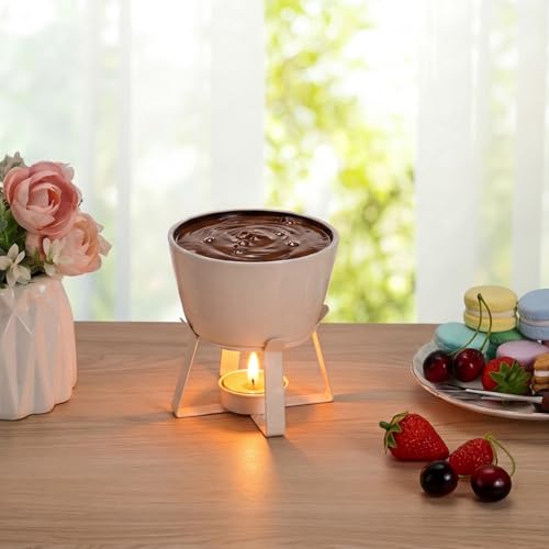 BSTKEY 320ML Ceramic Butter Warmer Set with 2 Dipping Forks, Fondue Pot Melting Pot Set, Melt Hot Pot Bowl Set for Cheese Chocolate Butter Caramel (White) - color: White