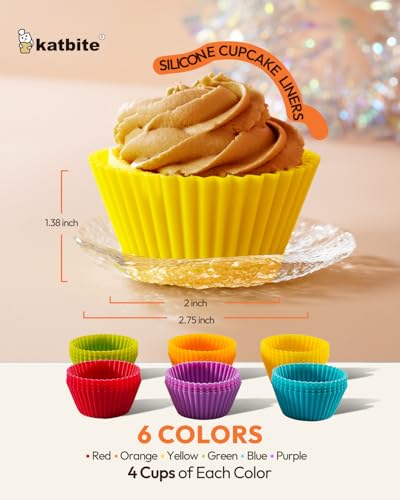 Katbite Silicone Cupcake Liners 24 Pack, Reusable Muffin Baking Cups - size: Rainbow Color 24