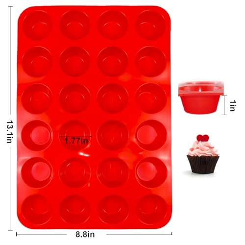 2 Pack Silicone Mini Muffin Pan, Non-Stick 24 Cups Cupcake Pan, BPA Free and Dishwasher Safe, Perfect for Making Muffin Cakes, Tart, Bread（Red）