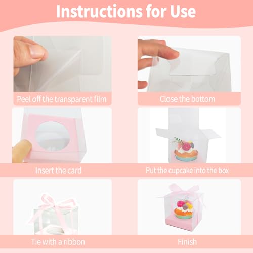 Individual Cupcake Boxes,24 Pack 3.5 Inch Clear Single Cupcake Containers,Cup Cake Carrier with Ribbon, Small Cake Holder Boxes for Wedding Party Valentine day - color: Pink, size: 24Pcs