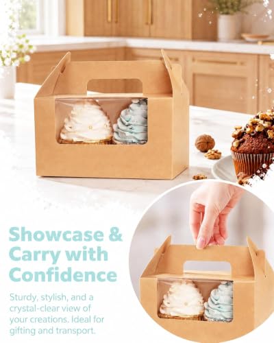 qiqee Cupcake Box Two Holder 6.5x3.6x3.5inch(2.2" Top) 50pcs Brown 2 Cupcake Boxes With Window - color: Brown, size: 50Pcs, Two Holder
