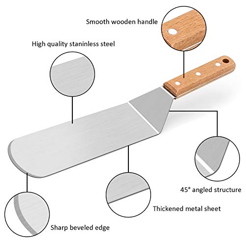 Metal Spatula Set, HaSteeL Stainless Steel Griddle Spatula Tools Kit with Wooden Handle, Heavy Duty Long Pancake Flipper Burger Turner for BBQ Teppanyaki Flat Top Grilling Cooking Outdoor & Indoor - color: Wooden Handle