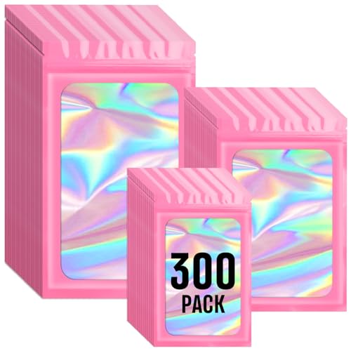 Funfery 300 Pack 3 Size Mylar Holographic Bags with Clear Window,Pink - color: Pink, size: 3x4.7+4x6+4.7x7.9 Inch