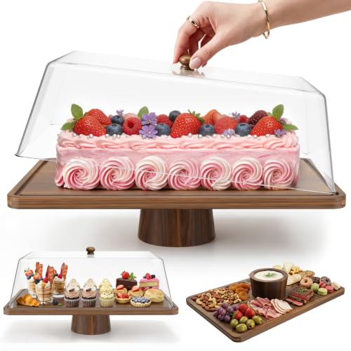 Large 16" Acacia Wood Cake Stand with Square Lid, 2-in-1 Rectangular Dessert Table Display Set & Charcuterie Board, Shatterproof Acrylic Cover Serving Tray, Cupcake Stand - size: 16" Acacia Cake Stand