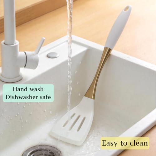 Heat-Resistant Kitchen Spatula Set – Non-Toxic Cooking Utensils with Solid & Slotted Designs –Food Grade Silicone and Gold-Plated Stainless Steel Handles –Ideal for Nonstick Cookware, Gold - color: Golden