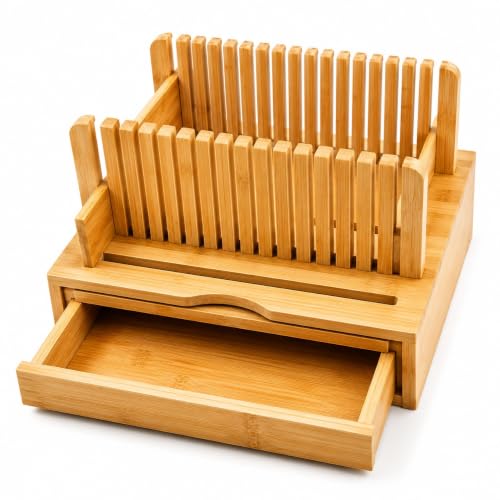 Bamboo Bread Slicer with Crumb Catcher Tray, Adjustable Slicing Guide and Knife Storage Drawer - Even Slice Loaf Cutter