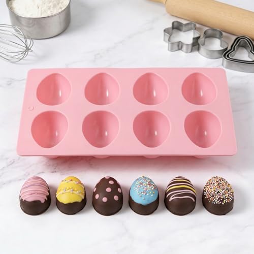 1 Pack Silicone Egg Molds 8 Cavity Easter Silicone Candy Mold 3D Egg-Shaped Silicone Baking Mold for Chocolate, Jello, Mini Cakes, DIY Desserts, Candy, Ice, Pudding, Baking (1, Pink) - color: Pink