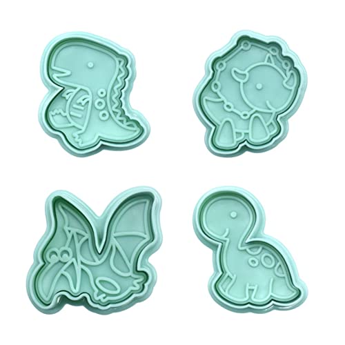 4 Pack Dinosaur Cookies Cutter Mold 3D Biscuit Embossing Mould Fondant Cakes Cutters Animal Crackers Spring Stamp Plunger Cutter DIY Dino Forms for Sugar Pastry Cake Kitchen Tools (Green) - color: Green