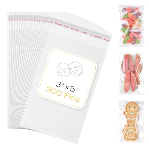 300 Pcs Clear Self Sealing Cellophane Bags, 3x5 Inches Cookie Bags Resealable Cellophane Bag for Packaging Cookies, Candy, Gifts, Favors and Products, 3 Mils Individual Self Adhesive Wrappers - size: 3x5 Inch (Pack of 300)