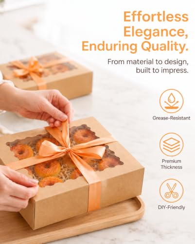 qiqee 10x10x2.5 Inch Brown Pie Boxes with Window 12Packs Cookie Donut Bakery Box (Auto-pop Up) - color: 12Packs, Brown