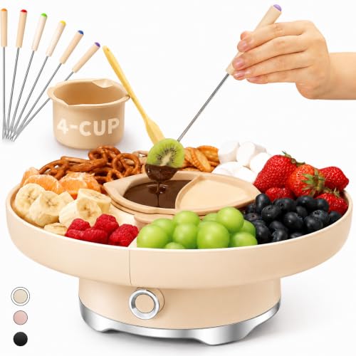 LUSHYUM Electric Chocolate Fondue Pot Set, 4-Cup Chocolate, Rotating Tray - color: White-fondue Pot
