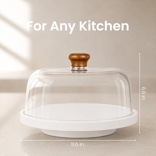 Rotating Acacia Wood Cake Stand with Lid Anti-Mold 12 Inch - 2-in-1 Wooden Charcuterie Board - Covered Dessert Plate with Acrylic Dome - Vintage Pastry Display - Tall Domed Serving Stand Platter - White - color: R - White