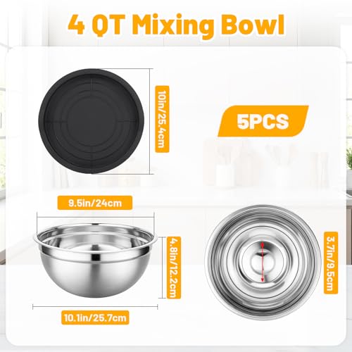 Beasea Mixing Bowls with Lids Set of 5, 4 QT Metal Stainless Steel Nesting Mixing Bowls with Lids, for Baking, Dough Bread Prepping, Salad, Food Serving and Kitchen Storing - size: 4 QT