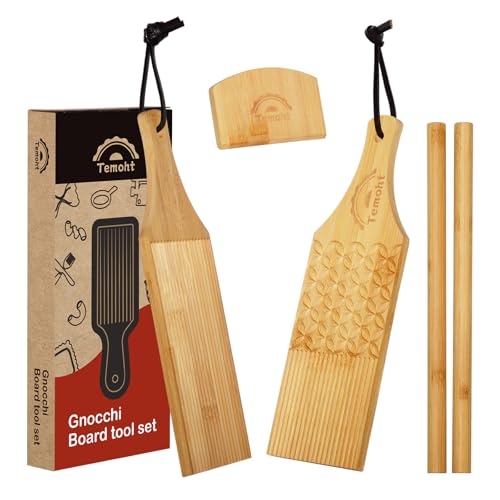 Gnocchi Board Set for Rolling Dough - includes 4-in-1 paddle and a standard paddle, 2 rollers and 1 cutter - Authentic Bamboo Butter Paddles, Pasta Shaping Tools, Gift for pasta enthusiasts