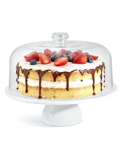 12 Inch Porcelain Cake Stand with Acrylic Dome Lid, White Pedestal