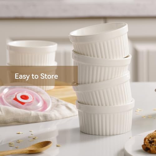Dafuceramic Ramekins with Lids 12 oz White Creme Brulee Ramekins Ceramic Oven Safe Pudding Cups, Set of 6 Porcelain Custard for Baking Dishwasher and Microwave Safe