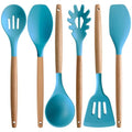 Kitchen Utensils Set 6-Piece Non-Stick Silicone Cooking Utensils Set, Wood Handle Heat Resistant Spatula Spoon Turner Ladle Pasta Server Cooking Kitchen Gadgets BPA Free for Nonstick Cookware - color: Light Blue, size: Standard 6-Piece Set