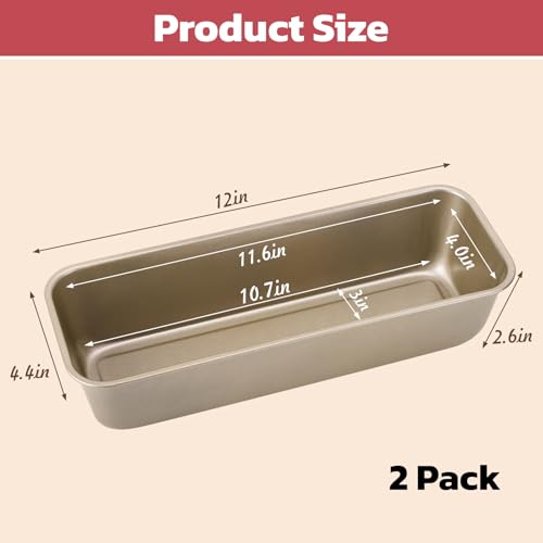 Beasea Long Loaf Pan, 12x4 Inch Rectangle Bread Loaf Pan Set of 2, Nonstick Bread Pans Carbon Steel Toast Pan Golden Cake Pan Loaf Baking Pans Bakeware for Oven Baking - color: Gold long, size: 12x4" 2pcs