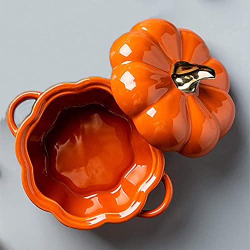 Pumpkin Bowl Set with Lid and Handle, 14 Oz Ceramic Ramekins for Baking, Casserole Dish Individual Severing Pot, Stoneware, Oven Safe (Orange) - color: Orange