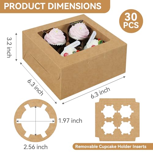 30-Set Cupcake Boxes Bulk with Clear Display Window Hold 4 Standard Cupcakes, Disposable Food Grade Brown Cupcake Carrier Cupcake Container, Perfect for Cupcakes Muffins Cookies Pastries