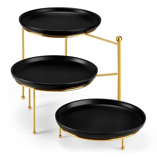 MALACASA Round 3 Tier Serving Tray,10.25 Inch Black Porcelain Dessert Stand - color: Black Gold