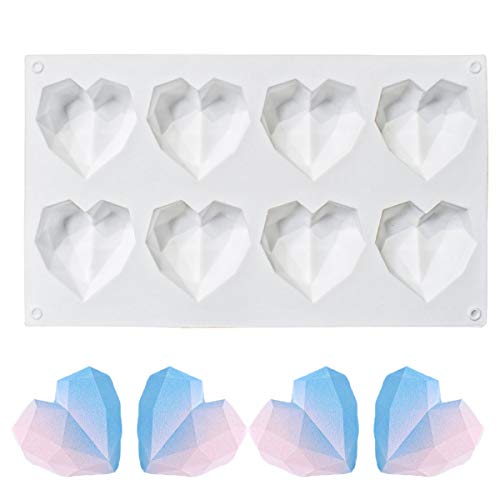 8 Grid Diamond Heart Silicone Cake Chocolate Mold Silicone Baking Pan Mold for DIY Cake Mousse Dessert 3D Diamond Love Heart Shaped Mould for Candy Fondant Ice Cream Soap Cupcake Cheesecake Jelly
