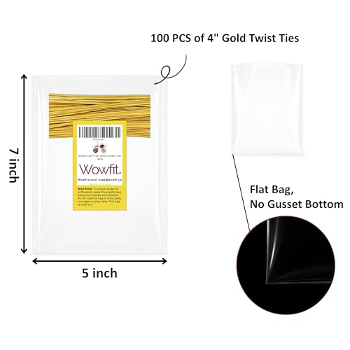 Wowfit 100 CT 5x7 Clear Cellophane Cookie & Treat Bags, 4" Gold Twist Ties - size: 5x7 Inch (Pack of 100)