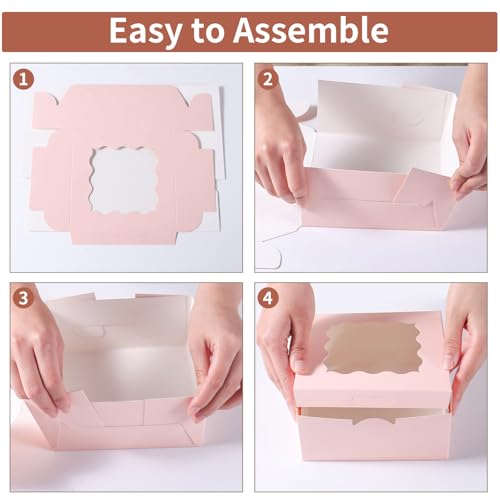 36 pcs 6x6x3 Inches Small Cake Box with Window, Bakery Pastry Cookie Boxes, Mini Pie for Pastry,Dessert,Strawberries,Chocolates, Cupcakes with paper stickers (Pink) - color: pink/36pcs