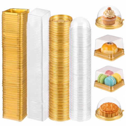 DOITOOL Clear Plastic Mini Cake Box 100 Pack Square Mini Cupcake Containers Mooncake Boxes Muffin Pod Dome Muffin Single Container for Wedding Birthday Supplies (Golden)