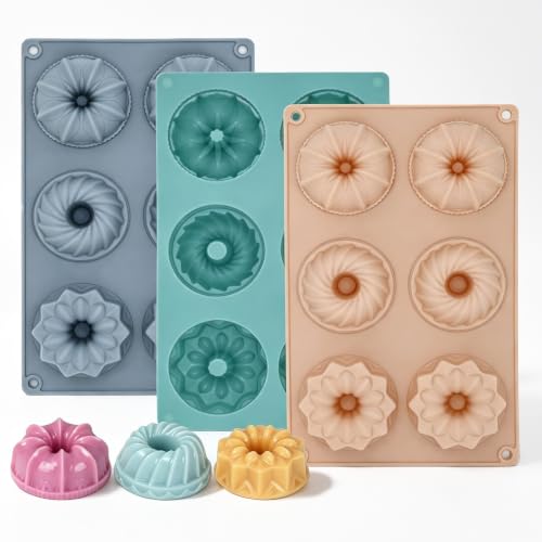 Jello Molds, 3pcs Silicone Fluted Tube Cake Pans, 6-Cavity Non Stick Silicone Baking Molds for Cupcake, Donuts, Muffin, Cornbread, Brownie, Jellies (Caltle-Pink+Blue+Gray) - color: Caltle-Pink+Blue+Gray