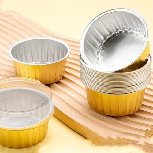 150 Pack Disposable Ramekins with Clear Lid, Golden Mini Cupcake Tins