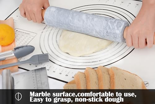 Marble Rolling Pin Set with Silicone Pastry Mat,Pastry Brush,Cooking Tongs,Stainless Steel Scraper18.5 inch Polished Non-Stick Roller for Pizza Dough,Fondant,Pie Crust(Gray White) - color: White Set