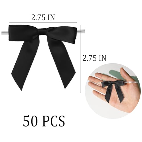 50 Pcs Satin Bows with Twist Ties, 2.5 Inch Gift Wrapping Bows, Black - color: Black