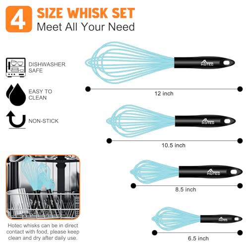 HOTEC 4Pcs Silicone Whisk Set, Wire Balloon Whisks for Cooking Egg Beater - color: Blue