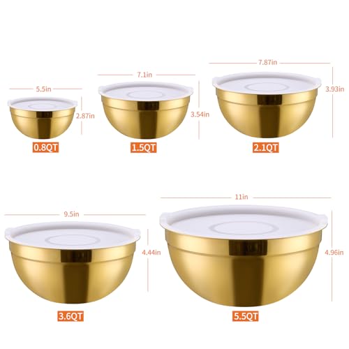 Gold Mixing Bowls with Airtight Lids, Stainless Steel Nesting Mixing Bowls Set of 5, Ideal for Baking, Prepping and Serving Food, Size 5.5, 3.6, 2.7, 2.1, 1.5, QT, Stackable Design - color: Gold, size: 5 Pieces