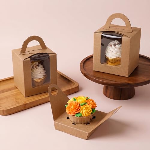 100 Pack Cupcake Boxes Individual, Brown Kraft, 3.7 x 3.7 x 4.3 In