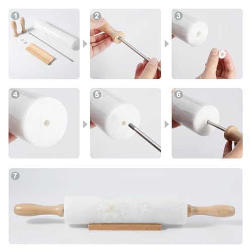 Koville White Marble Rolling Pin With Wooden Handles & Wood Cradle, 18 Inch Polished Marble Rolling Pins For Making Pizza Dough, Dough Roller For Pie Crust, Cookie, Pasta, Ergonomic Handles - color: Namib Fantasy White
